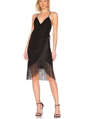 Michael Costello x REVOLVE black wrap dark black detail fringe sexy dress small
